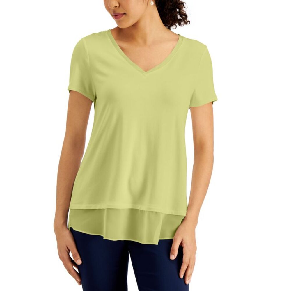 JM Collection V Neck Sheer Hem Top